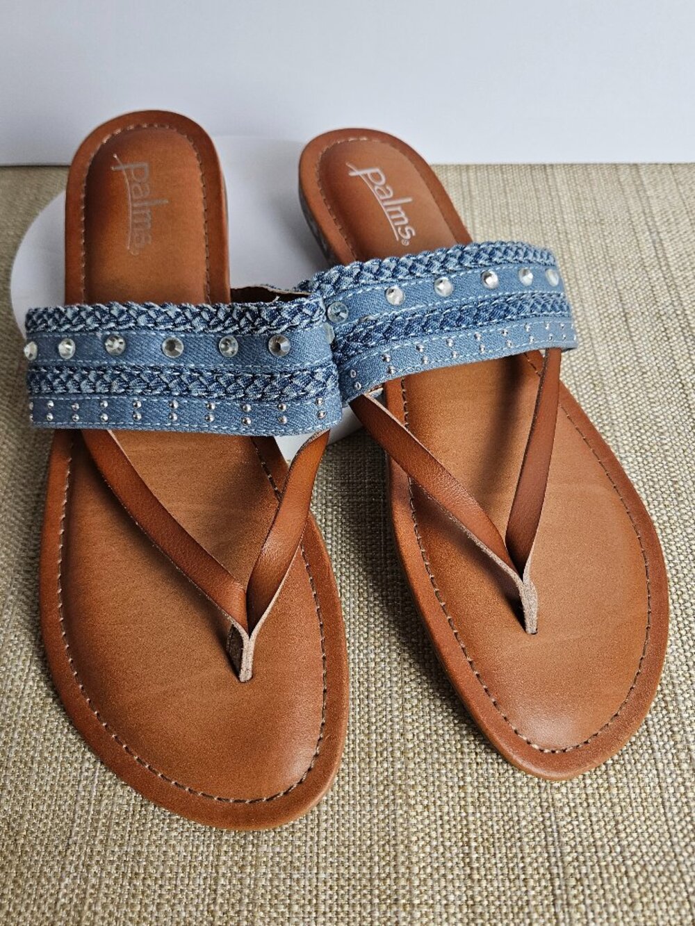 Palms Denim Flip Flop Sandals Rhinestone Womens "Estimated Size 10 Blue Boho